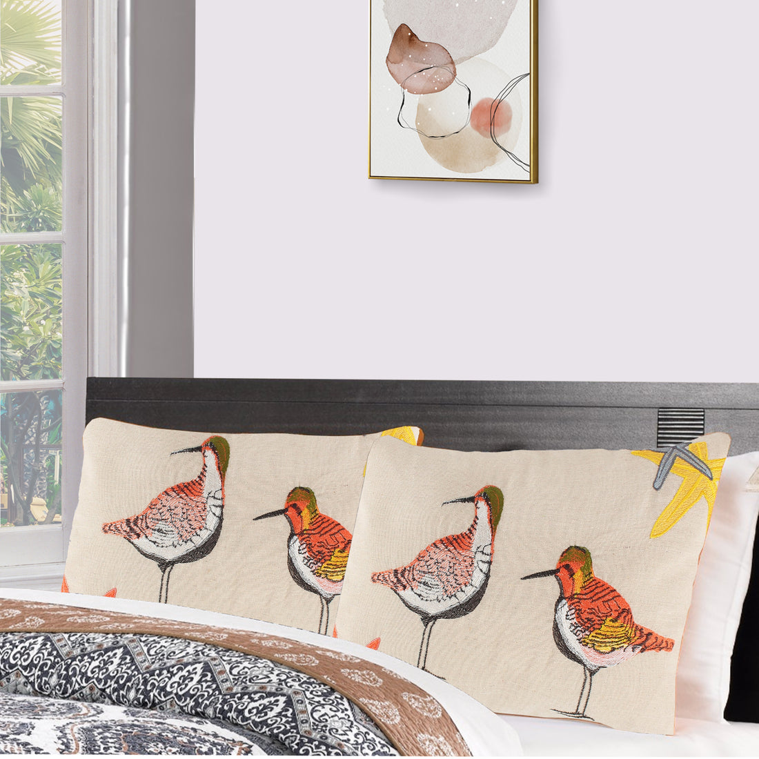 Vira 20 Inch Throw Pillow, Hand Embroidered Shorebirds, Canvas And Linen Multicolor Polyester