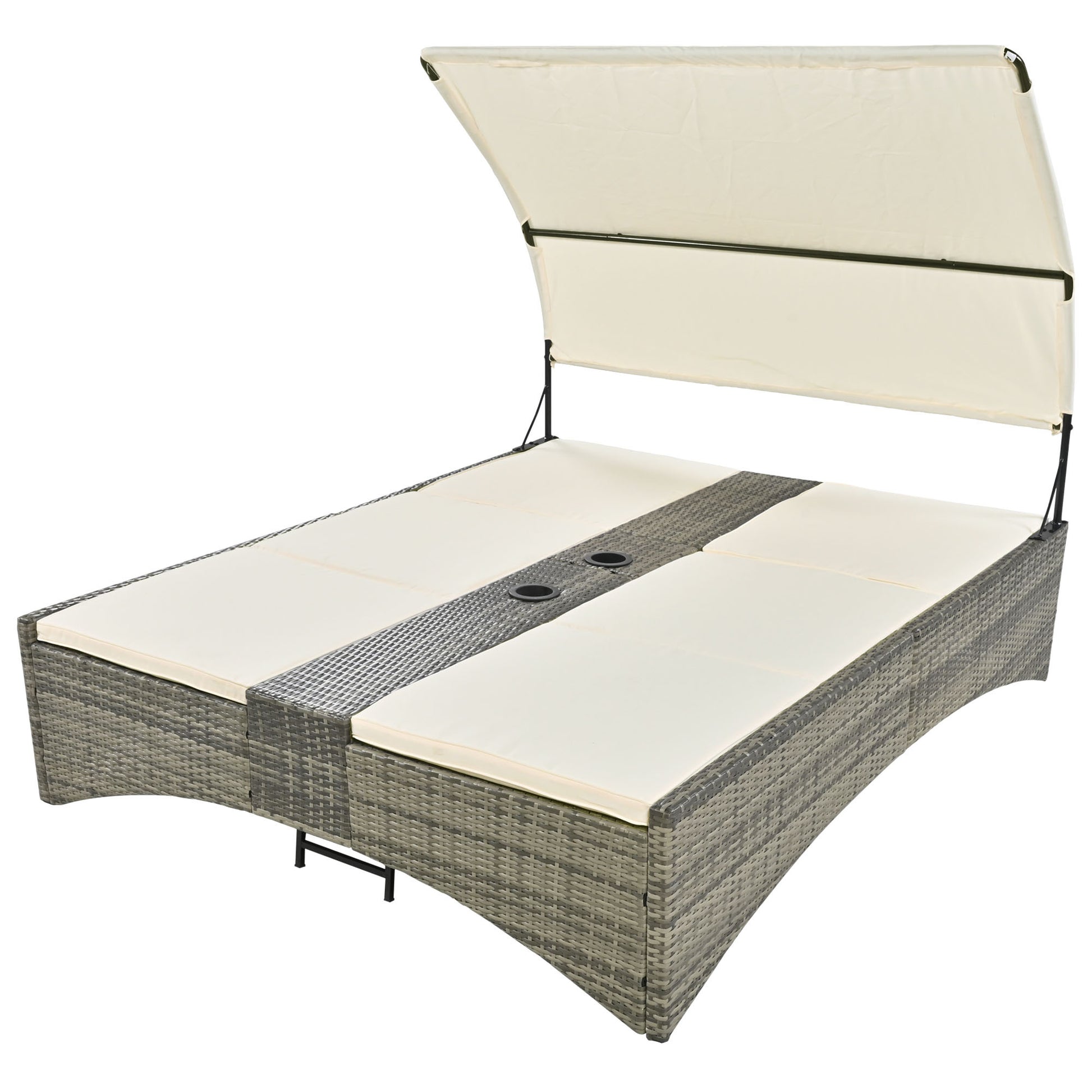 Patio Daybed Outdoor Daybed Outdoor Rattan Sun Lounger With Shelter Roof With Adjustable Backrest, Storage Box And 2 Cup Holders For Patio, Balcony, Poolside,Cream Yes Cream Seats 2 Water Resistant Frame Water Resistant Cushion Garden & Outdoor Sectional