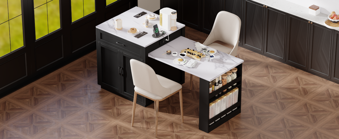 K&K 82.7 Inch Kitchen Island With Extendable Dining Table For 4 6 Person,Faux Mable Kitchen Table With Double Sized Storage,Power Outlet,Kitchen Island With Storage 2 Drawers 2 Side Open