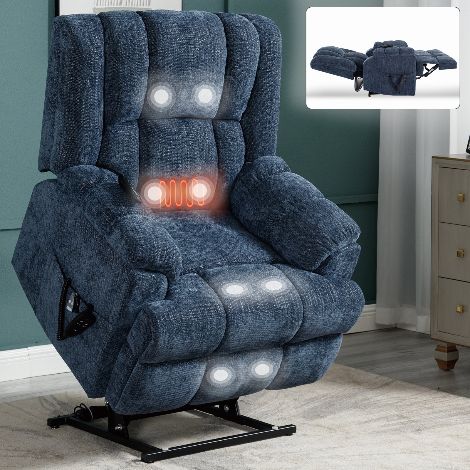 Dual Motor Heat Massage Infinite Position Up To 350 Lbs Electric Power Lift Recliners With Power Remote, Medium Firm And Heavy Duty, Blue Blue Chenille Power Remote Metal Primary Living Space Medium Firm Pillow Back Heavy Duty American Design Pine Pillow