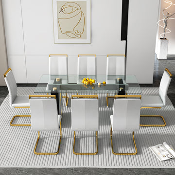 Table And Chair Set, Large Modern Minimalist Rectangular Glass Table, Can Accommodate 6 8 People, Equipped With Tempered Glass Tabletop And Large Mdf Table Legs, Comfortable And Minimalist Chairs. Transparent Mdf Glass