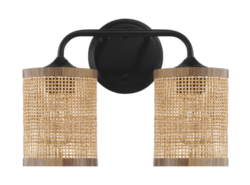 Quell Double Light Vanity With Natural Rattan Shade Wall Lamp Black,Rattan Metal,Rattan