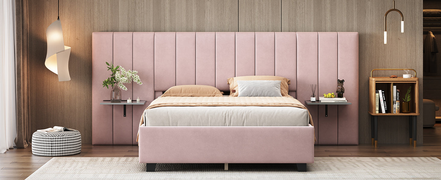 Full Size Upholstered Platform Bed With Big Headboard, Bedroom Furniture, Velvet, Pink Full Pink Plywood
