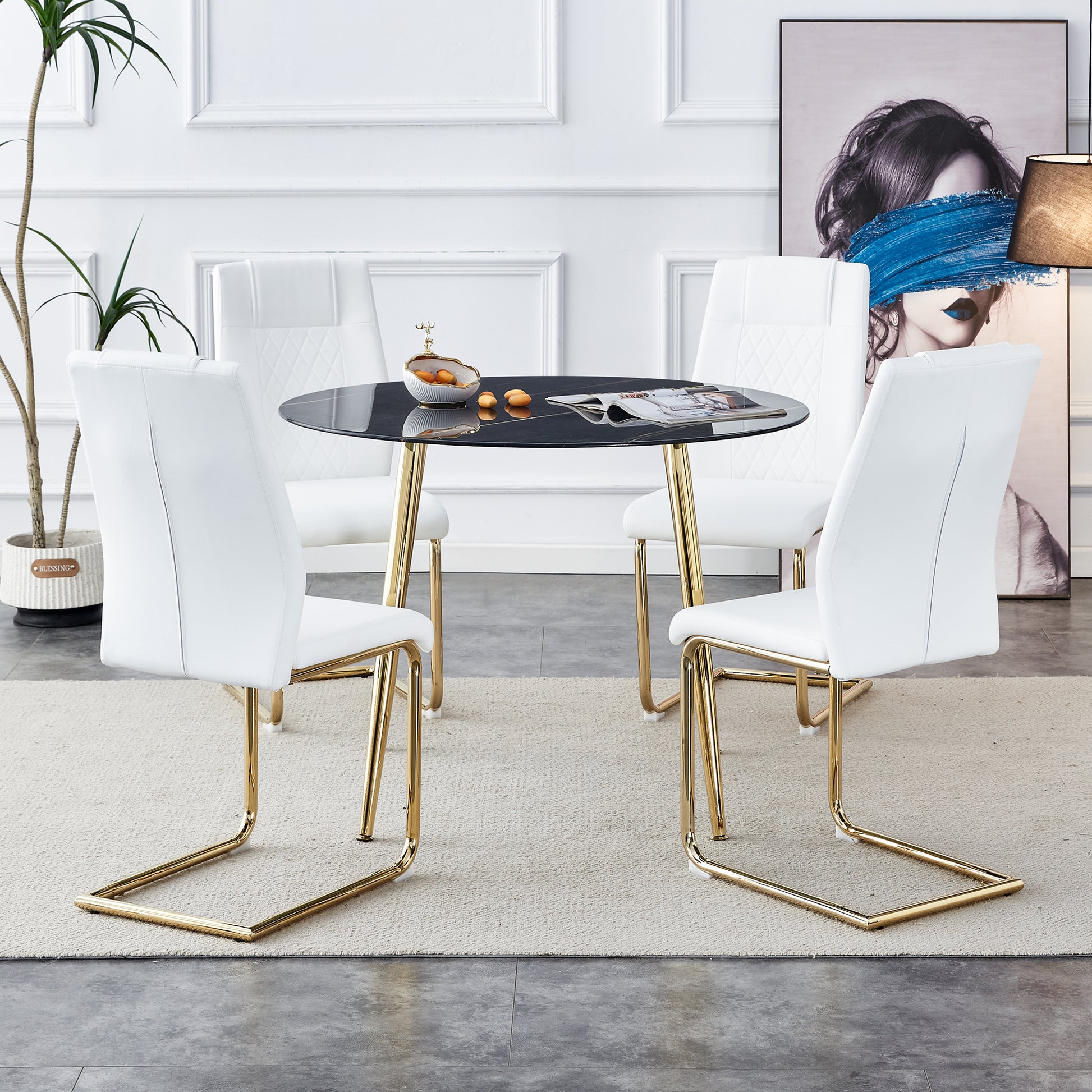 1 Table And 4 Chairs, A Modern Minimalist Circular Dining Table With A 40 Inch Black Imitation Marble Tabletop And Gold Plated Metal Legs, And 4 Modern Gold Plated Metal Leg Chairs. Black Gold Seats 4 Glass