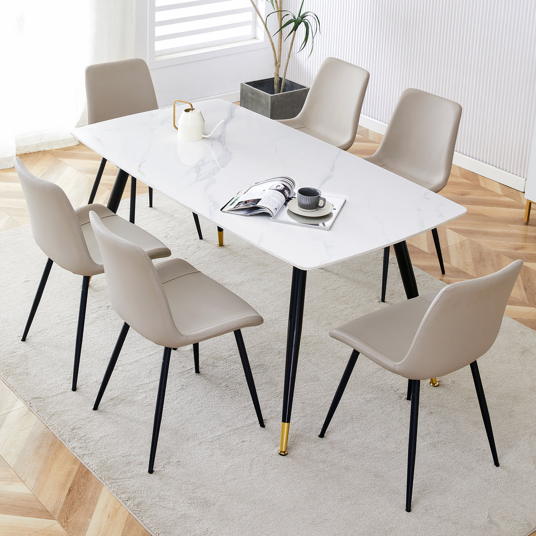 Table And Chair Set, White Imitation Marble Texture Rock Board Table Top, Black Metal Table Legs, Stable And Beautiful. Modern Simple Dining Table, Comfortable Seating. White Gray Metal