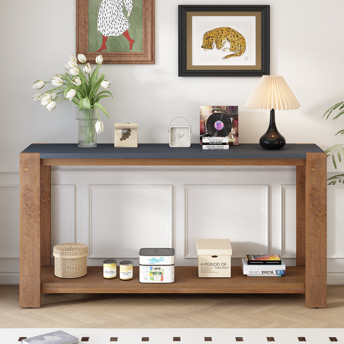 Distinctive Features Of A Minimalist Console Table With Bottom Shelf And Four Legs, Suitable For Entryway, Hallway, Living Room, Foyer, Corridor Black Brown Primary Living Space American Design Shelves Mdf