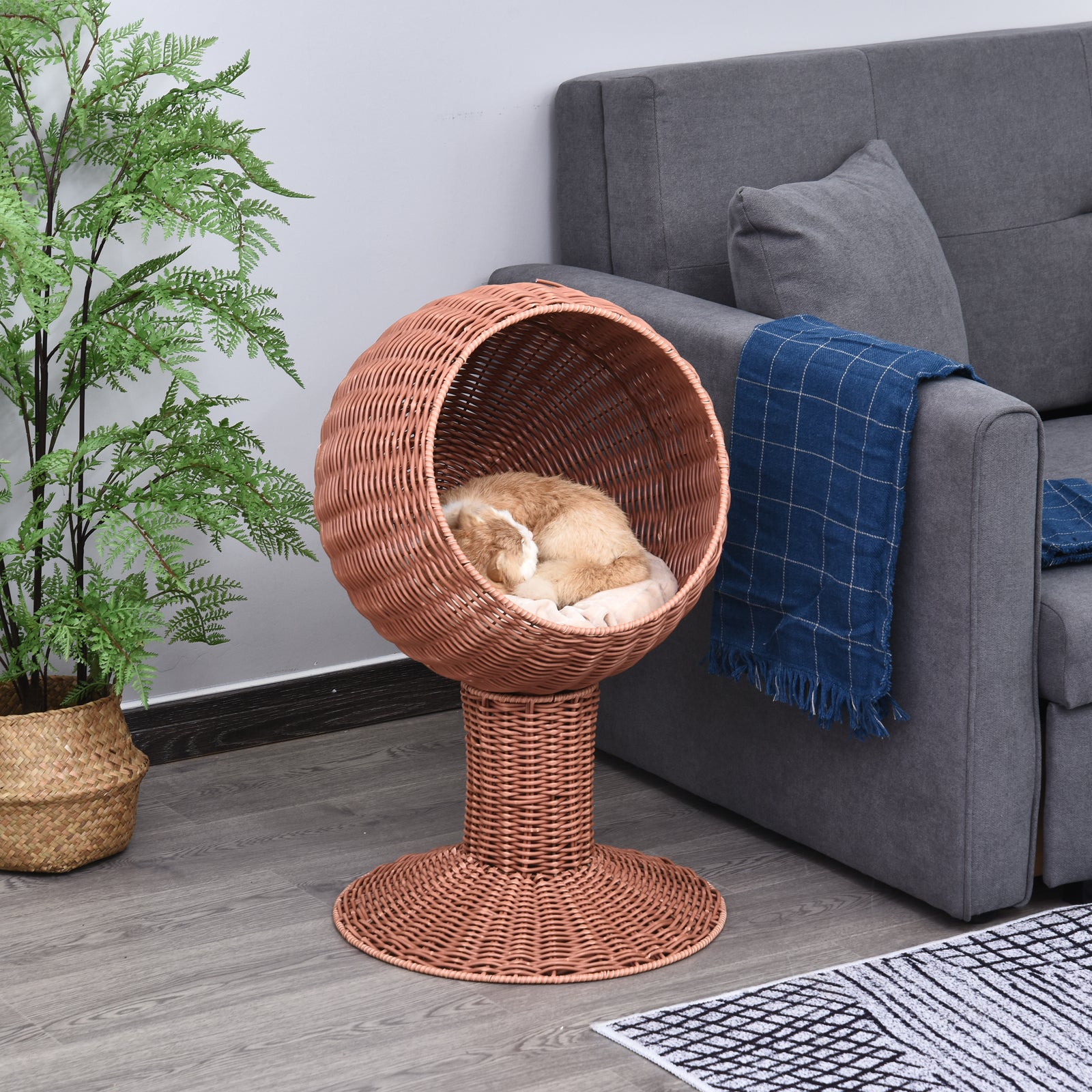 Pawhut Elevated Cat Bed With Rotatable Egg Chair Pod, Cat Basket Bed With Thick Cushion, Natural Mat Grass Woven Kitty House, Brown Brown Rattan