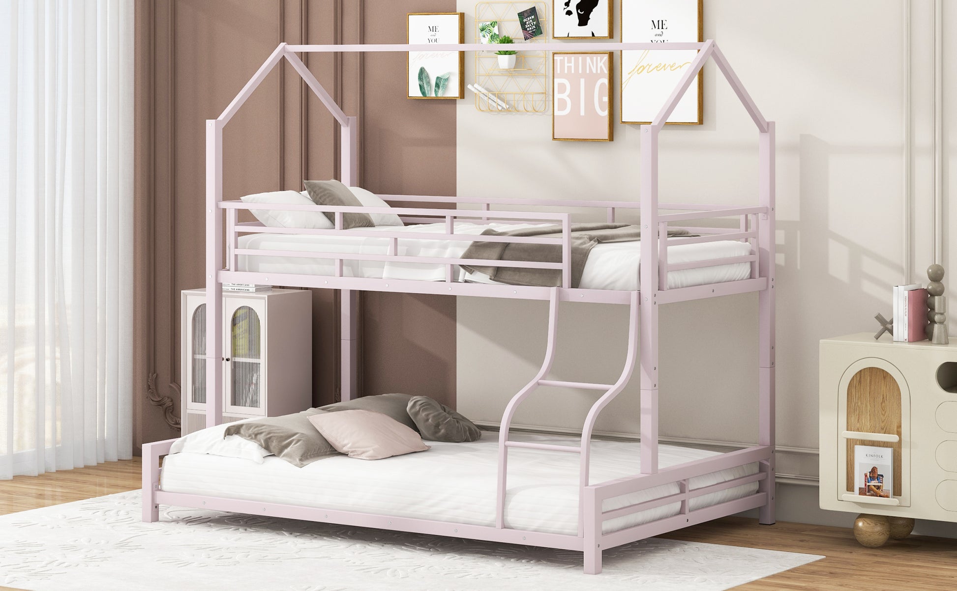 Metal House Bunk Bed, Twin Over Full, Pink Full Pink Metal