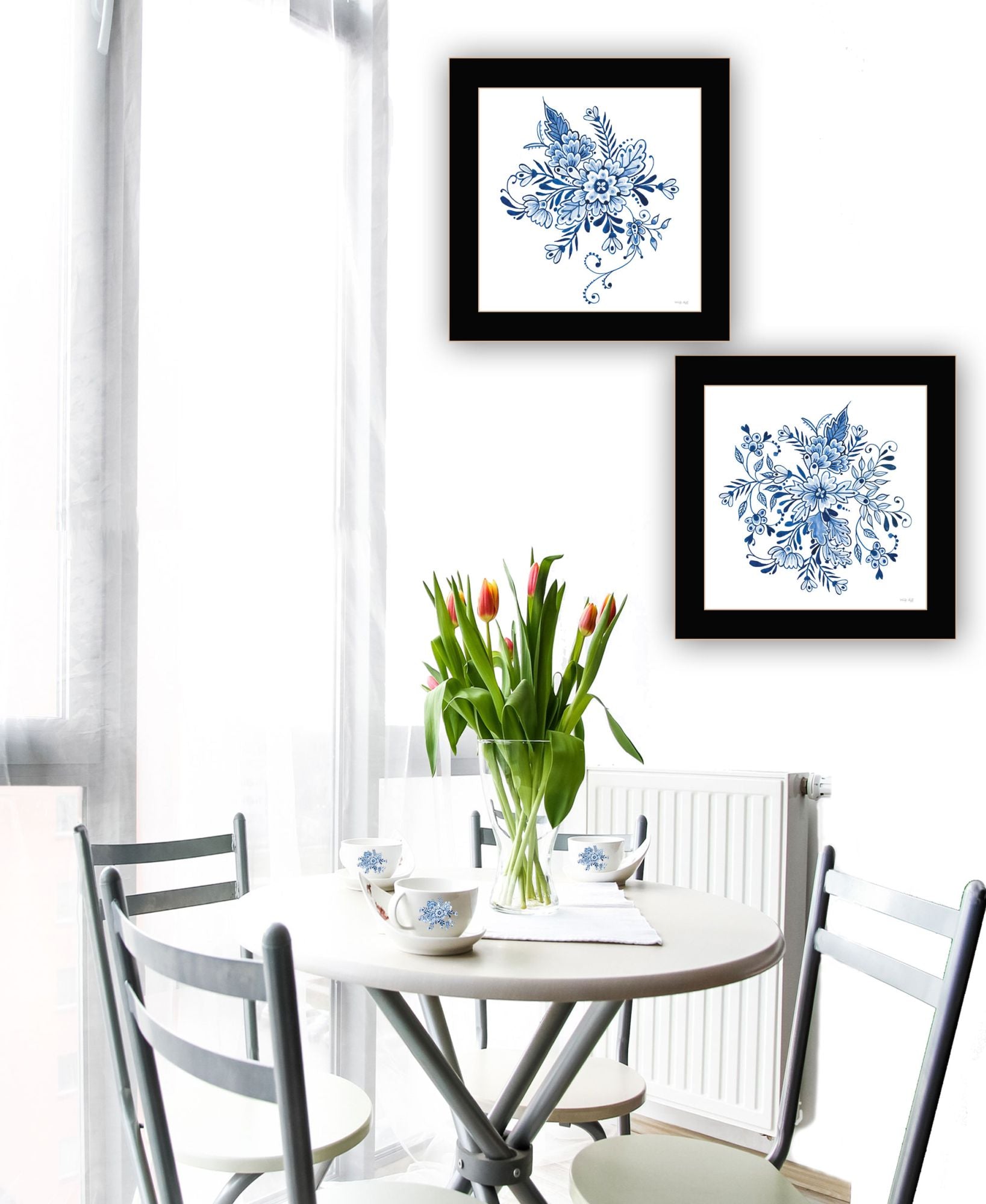 "Delph Designs Of Blue And White Florals" Framed Wall Art For Living Room, Wall Art Print For Home Decor, Bedroom Wall Art By Cindy Jacobs Multicolor Wood Paper