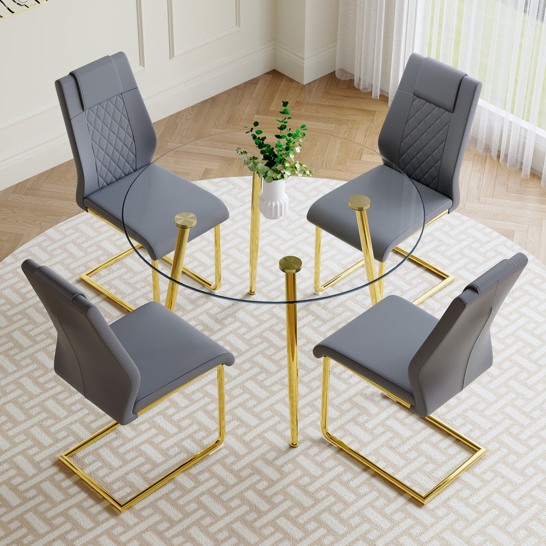 A Modern Minimalist Style Round Transparent Tempered Glass Table With Gold Metal Legs, Paired With 4 Modern Pu Leather High Back Dining Chairs,Bring A Luxurious Experience. Dark Gray Seats 4 Glass Metal