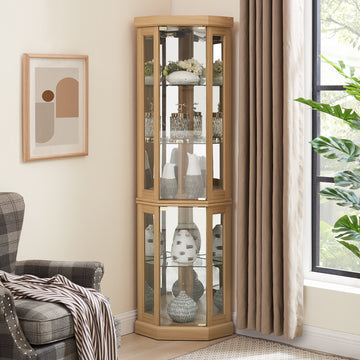 Corner Glass Cabinet Lighted Curio Cabinet Corner Display Case For Living Room, Curio Cabinet, Antique Collection, Wine,Bar Glass Storage Light Included, Light Oak Light Oak Mdf