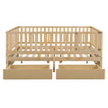 Full Size Wood Daybed With Fence Guardrails And 2 Drawers, Split Into Independent Floor Bed & Daybed, Natural Old Sku :Lp000882Aan Full Natural Solid Wood Mdf