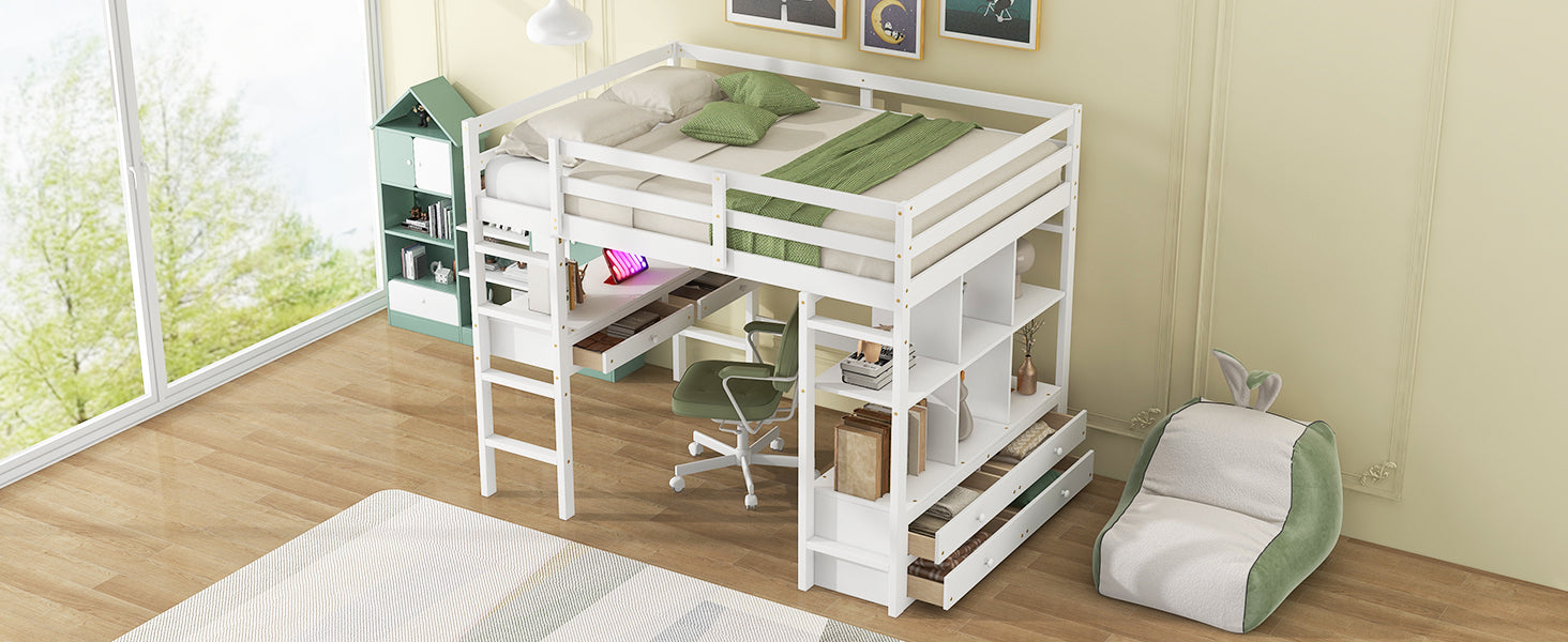 Full Size Loft Bed With Built In Desk With Two Drawers, And Storage Shelves And Drawers,White Old Sku:Gx000320Aak 1 Box Spring Not Required Full White Wood Bedroom Pine