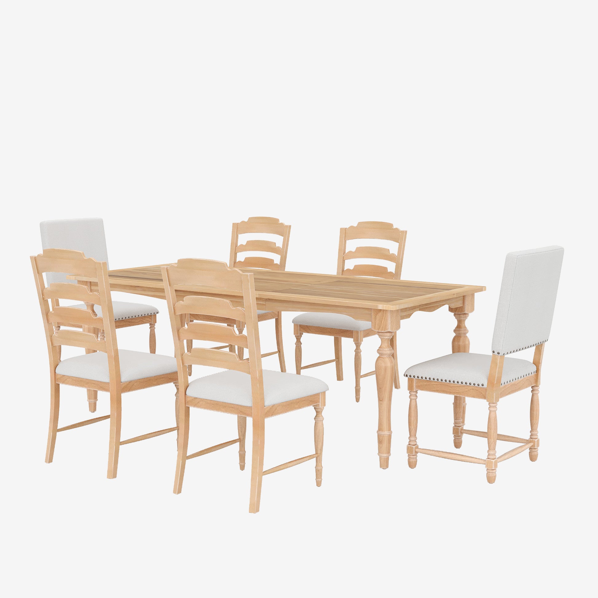 Vintage Traditional 7 Piece 82.7Inch Extendable Dining Table Set With 23.6Inch Removable Leaf, 4 Serrated Back Chairs And 2 Upholstered Back Dining Chairs For 6, Natural Wood Dining Room Distressed Finish Rubberwood Rectangular Dining Table With Bench