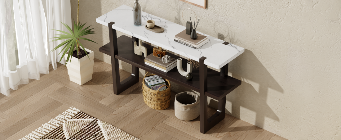 Retro Elegant Console Table With Marble Effect Top And Versatile Storage Solutions For Entryway And Living Room Espresso Espresso Solid Wood Mdf