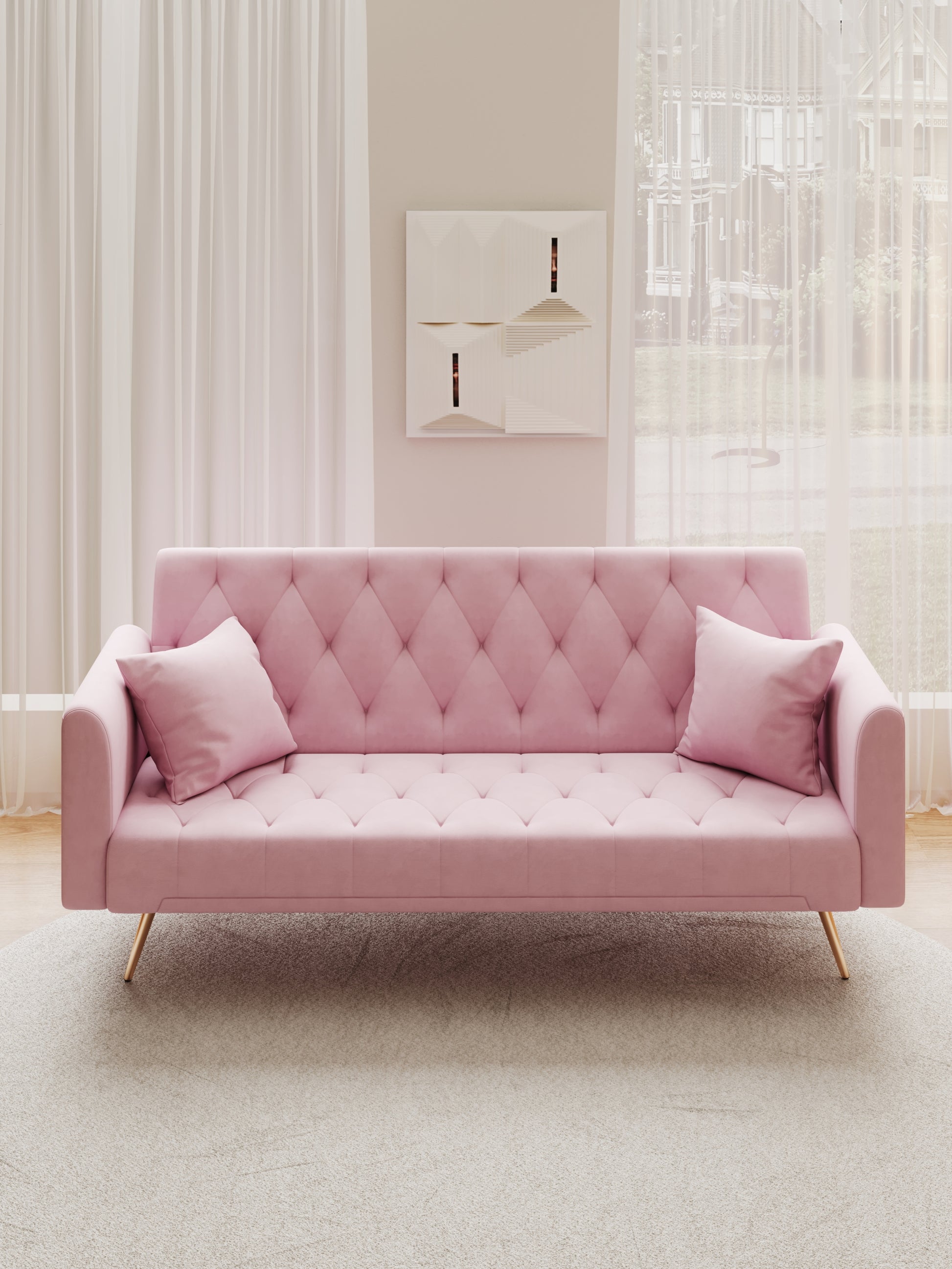 71 Inch Convertibleseat Sofa, American Retro Pink Velvet, Suitable For Small Living Room, Bedroom, Office Pink Velvet 2 Seat