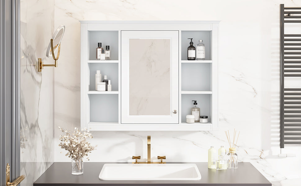 35'' X 27.5'' Medicine Cabinet, Wall Mounted Bathroom Storage Cabinet, Modern Bathroom Wall Cabinet With Mirror, Mirror Cabinet With 6 Open Shelves Not Include Bathroom Vanity White 1 5 Mirror