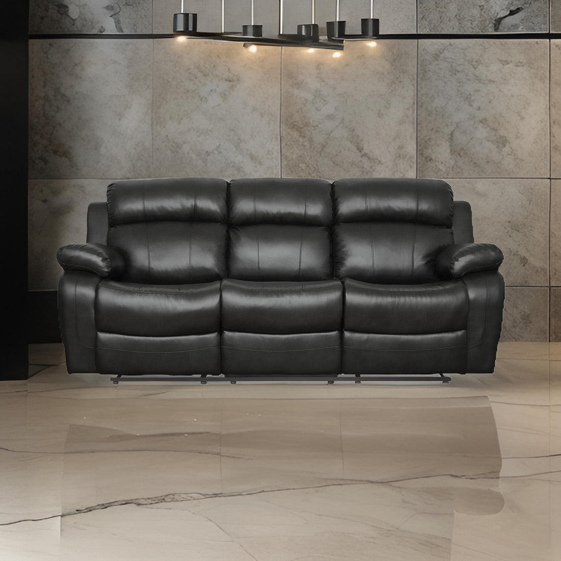 Leather Reclining Sofa With Center Drop Down Cup Holder, Black Black Leather