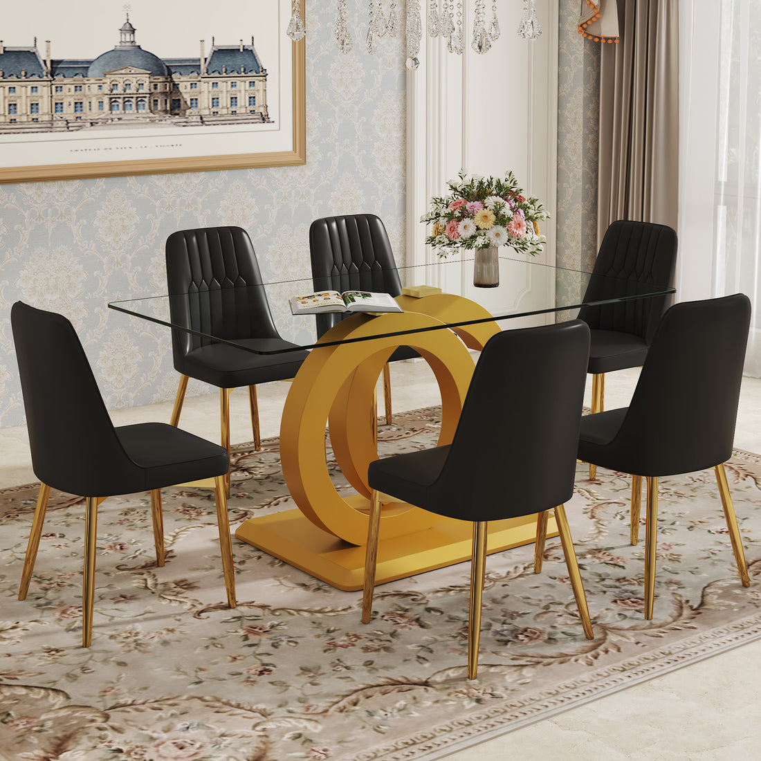 Table And Chair Set.63"W X 35.4"D X 30"H Clear Tempered Glass Desk And Chair Set With 6 Black Pu Chairs With Gold Metal Legs.Bring A Comfortable Home Experience To The Kitchen, Bedroom, And Office.