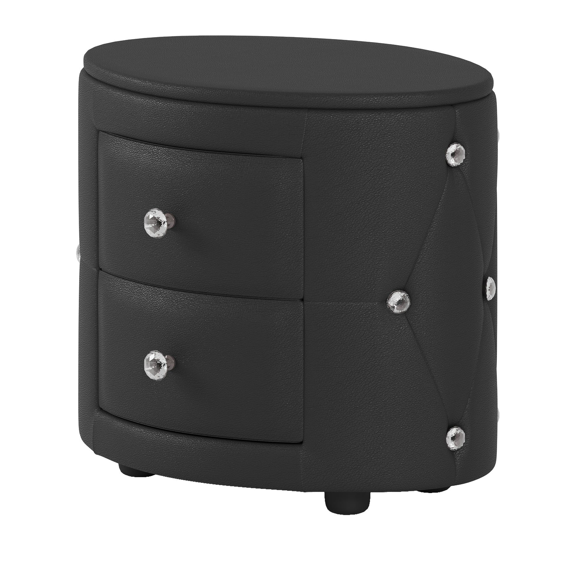 Elegant Pu Nightstand With 2 Drawers And Crystal Handle,Fully Assembled Except Legs&Handles,Storage Bedside Table Black Black Pu