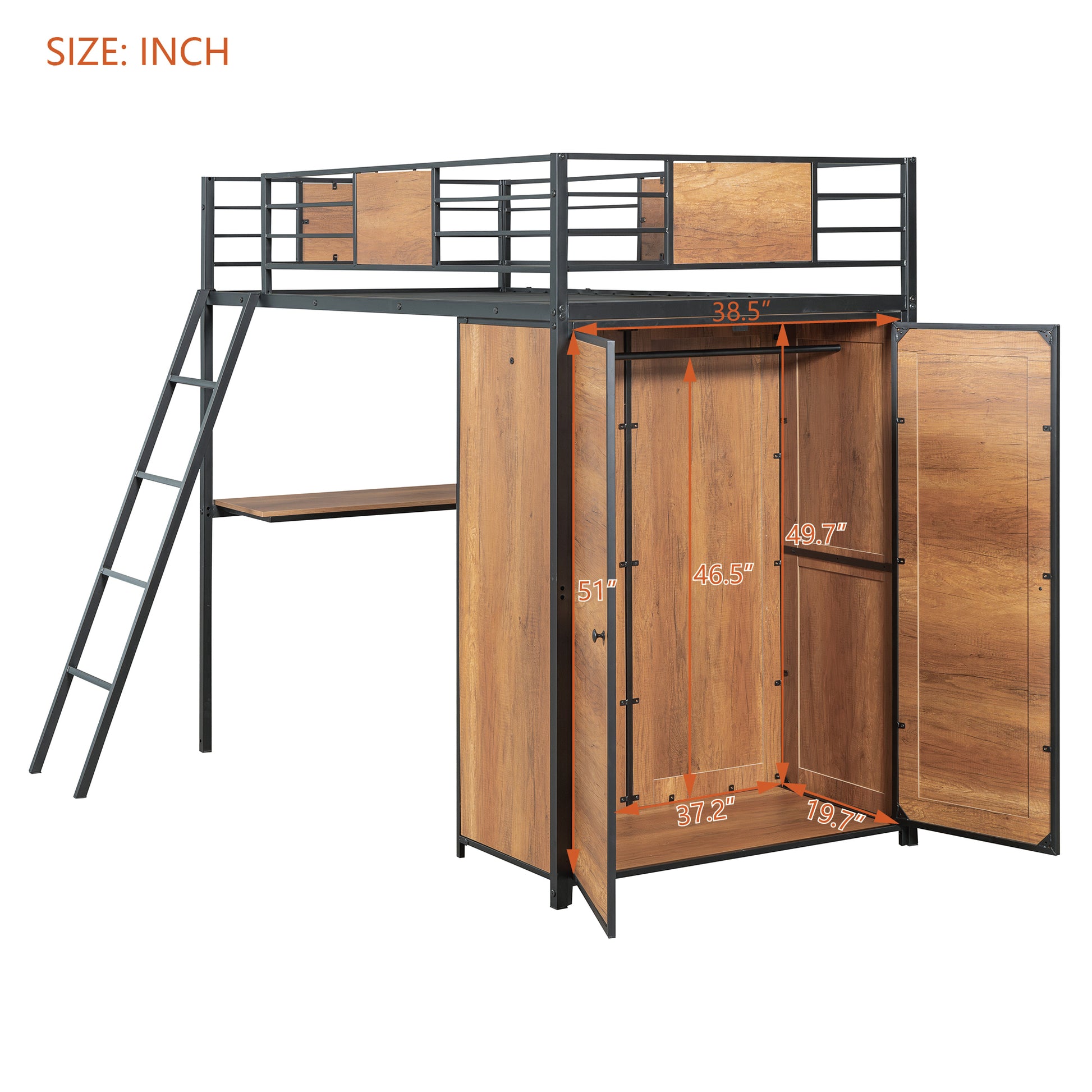 Twin Size Loft Bed With L Shape Desk And Wardrobe, Black Twin Black Metal & Wood