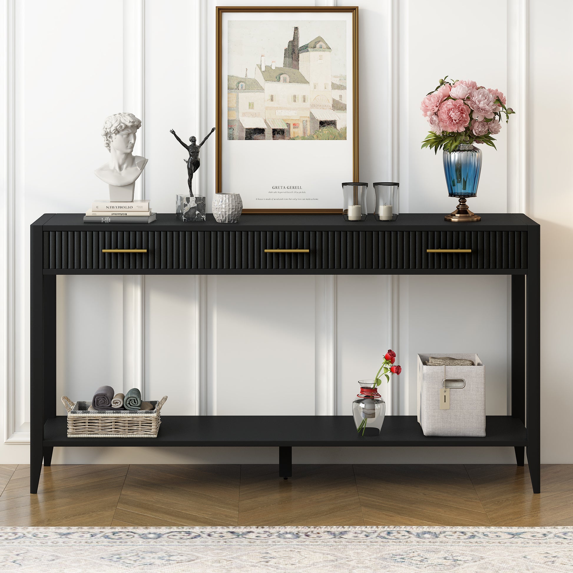 High Quality Entryway Console Table With Vertical Stripe Drawers, Long Legs,Suitable For Entryway, Hallway, Living Room, Foyer, Corridor Black Primary Living Space American Design Mdf