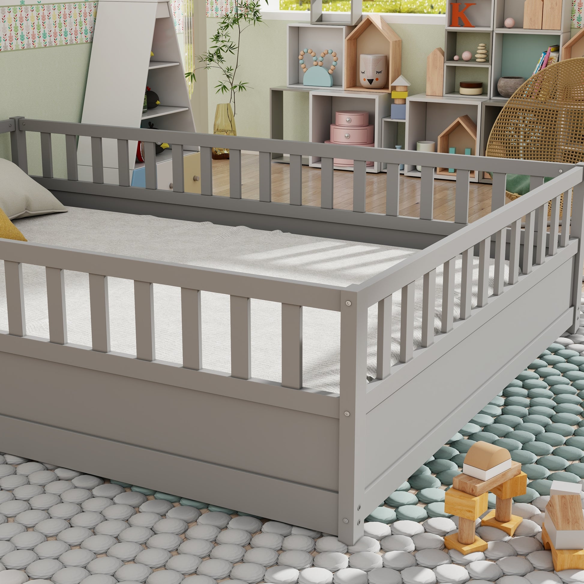 Full Size Floor Bed, Integral Construction With Super High Security Barrier, Door, Children'S Floor Bed Frame, Montessori Wooden Children'S Floor Bed, Support Slat Grey Box Spring Required Full Grey Wood Brown Bedroom American Design,Artsy Pine Bed Frame