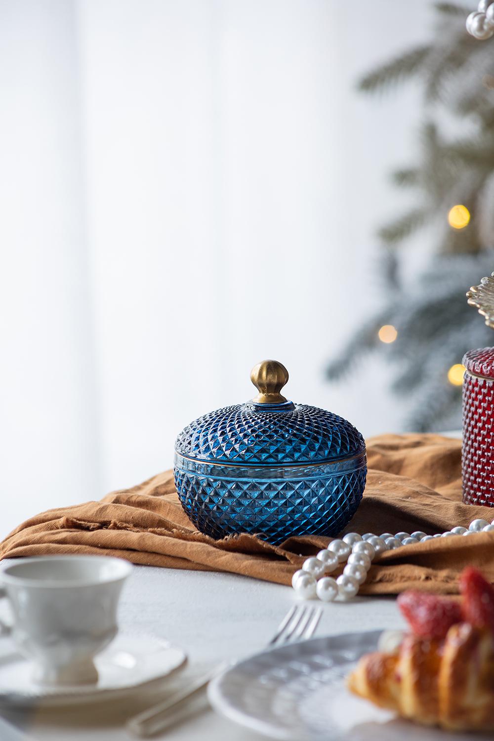 S 2 Glass Candy Jar With Lid, Christmas Candy Jar Containers, Blue Gold Blue Glass