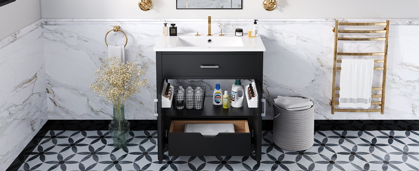 30 Inch Bathroom Vanity With Ceramic Sink And Large Storage The Perfect Choice For Small Bathrooms Black Bathroom Solid Wood Mdf