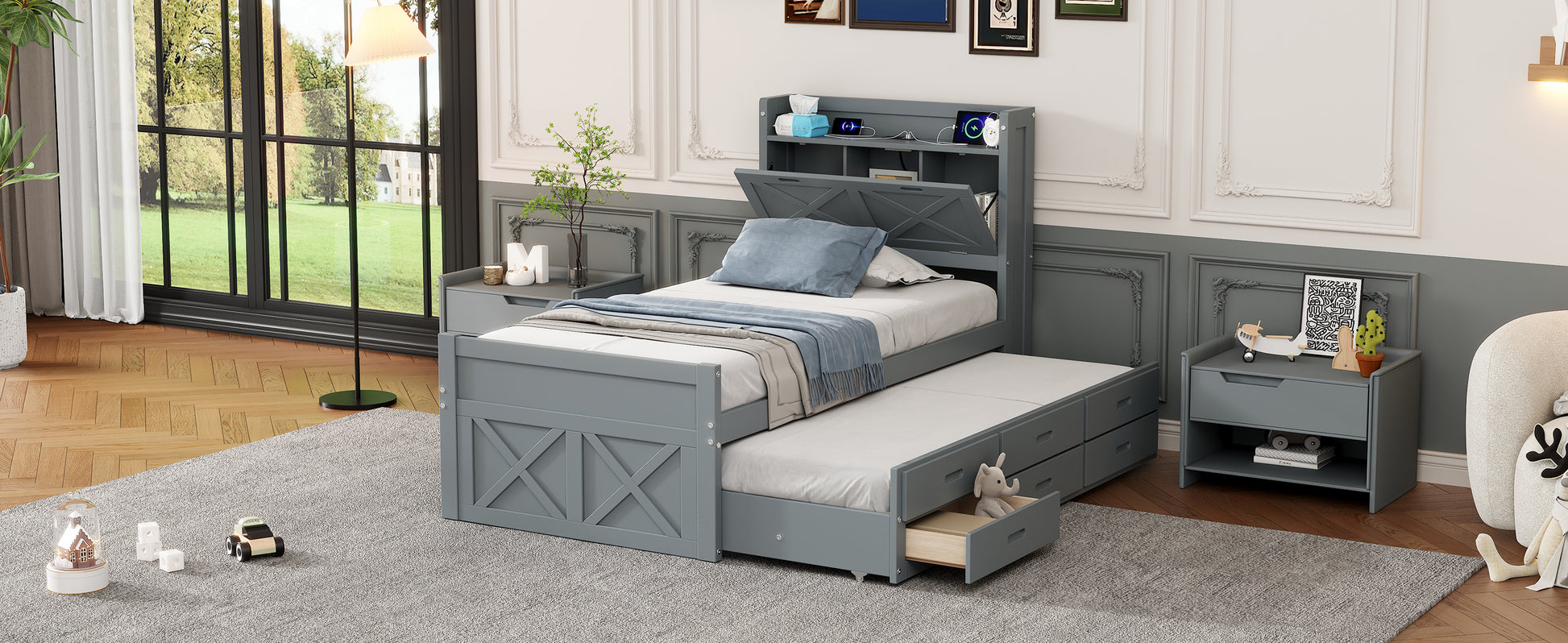 Twin Size Wooden Bed With Storage Headboard With Outlets, Extendable Bed With Twin Size Trundle With Three Storage Drawers,Gray Twin Gray Wood