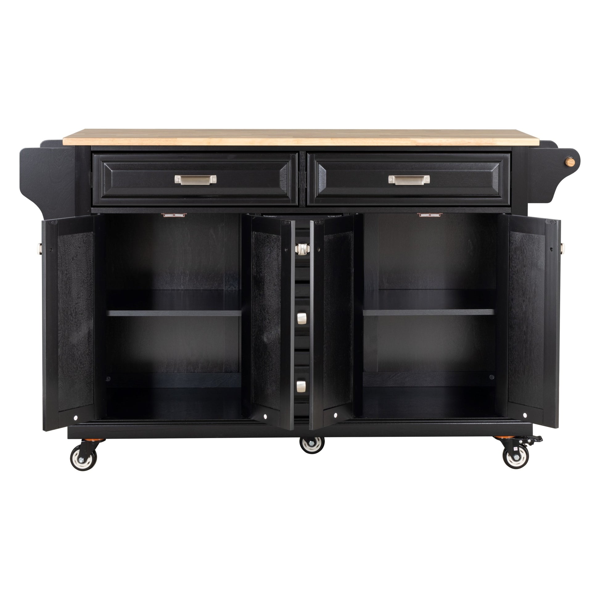 Kitchen Island With Rubber Wood Countertop, Kitchen Cart On 5 Wheels With Storage Cabinet And 5 Drawers For Dinning Room, Black Black Dining Room Rectangular Rubberwood Solid Wood Mdf Large 56 In