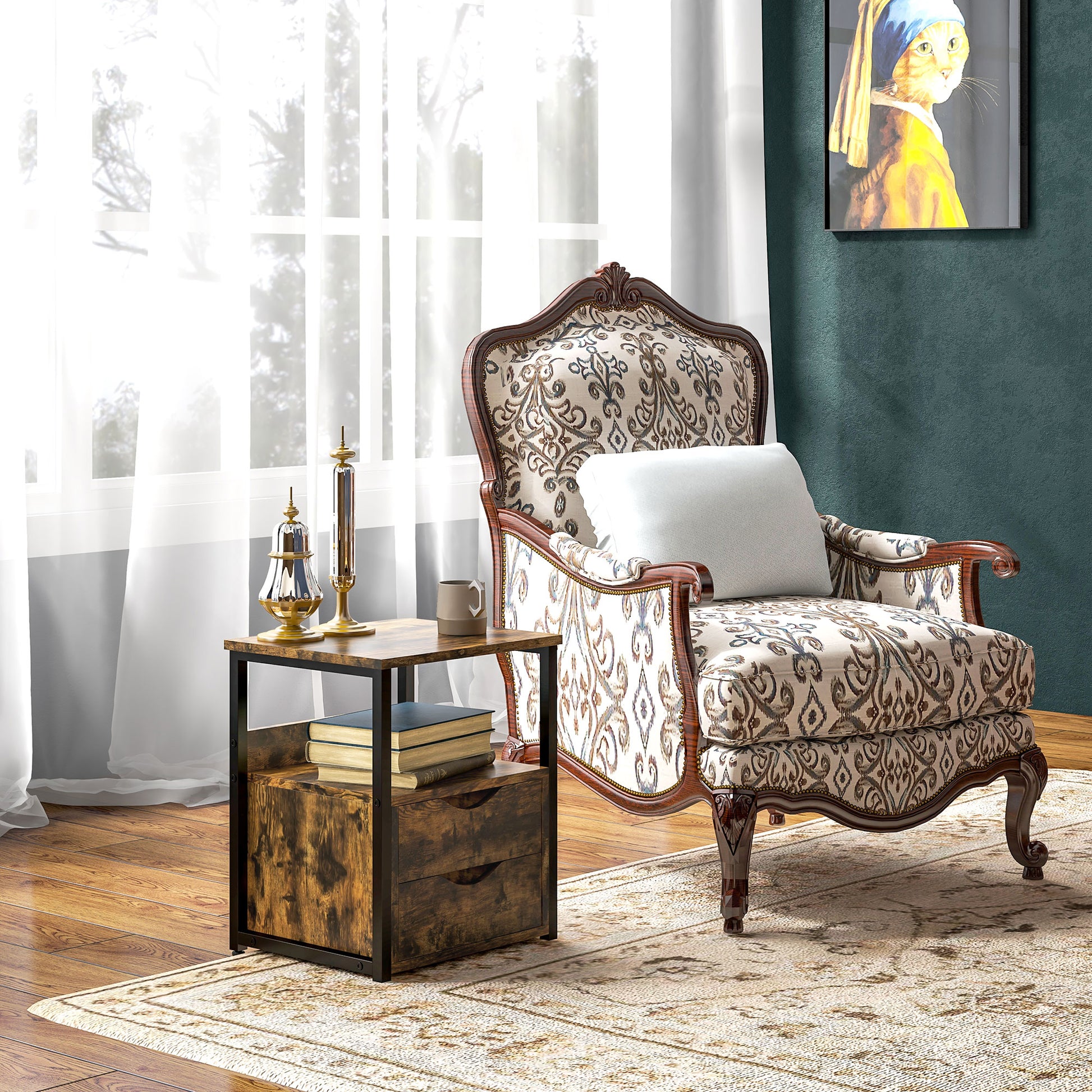 Homcom Industrial Side Table With 2 Drawers, Small End Table With Storage Shelf, Accent Sofa Table With Groove Handle And Metal Frame For Living Room, Brown Rustic Brown Particle Board