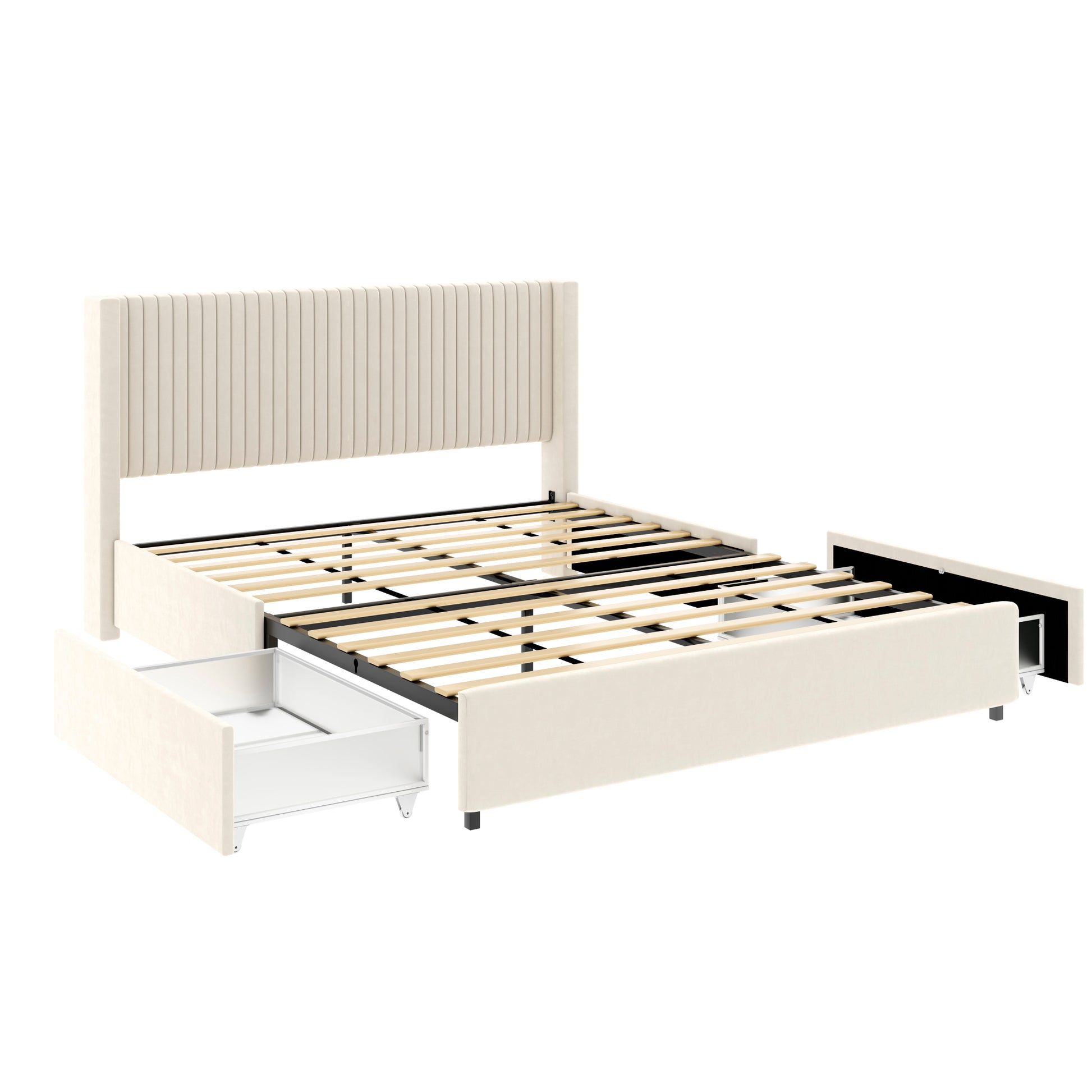 Anna Patented 2 Drawer Storage Bed Queen Size Ivory Velvet Upholstered Wingback Platform Bed, Modern Design Headboard With Tight Channel, Wooden Slat Mattress Support No Box Spring Needed Box Spring Not Required Queen Ivory Metal Bedroom