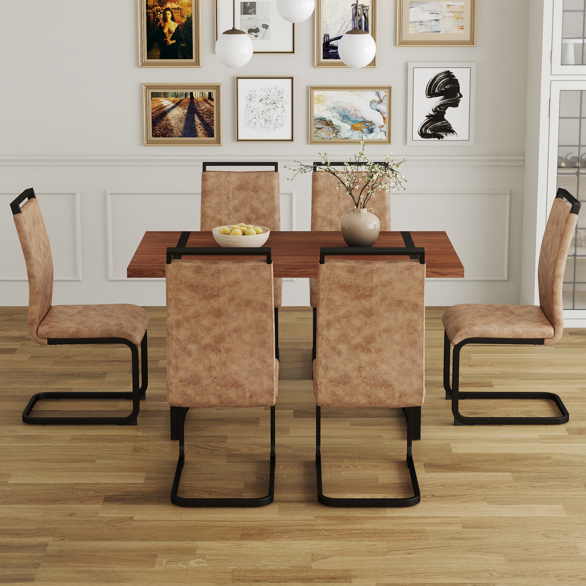 Table And Chair Set. A Minimalist Retro Rectangular Dining Table With A Specially Textured Top And Black Metal Legs, Paired With 6 Soft Chairs And Black Metal Legs, Showcases A Beautiful Home Style.