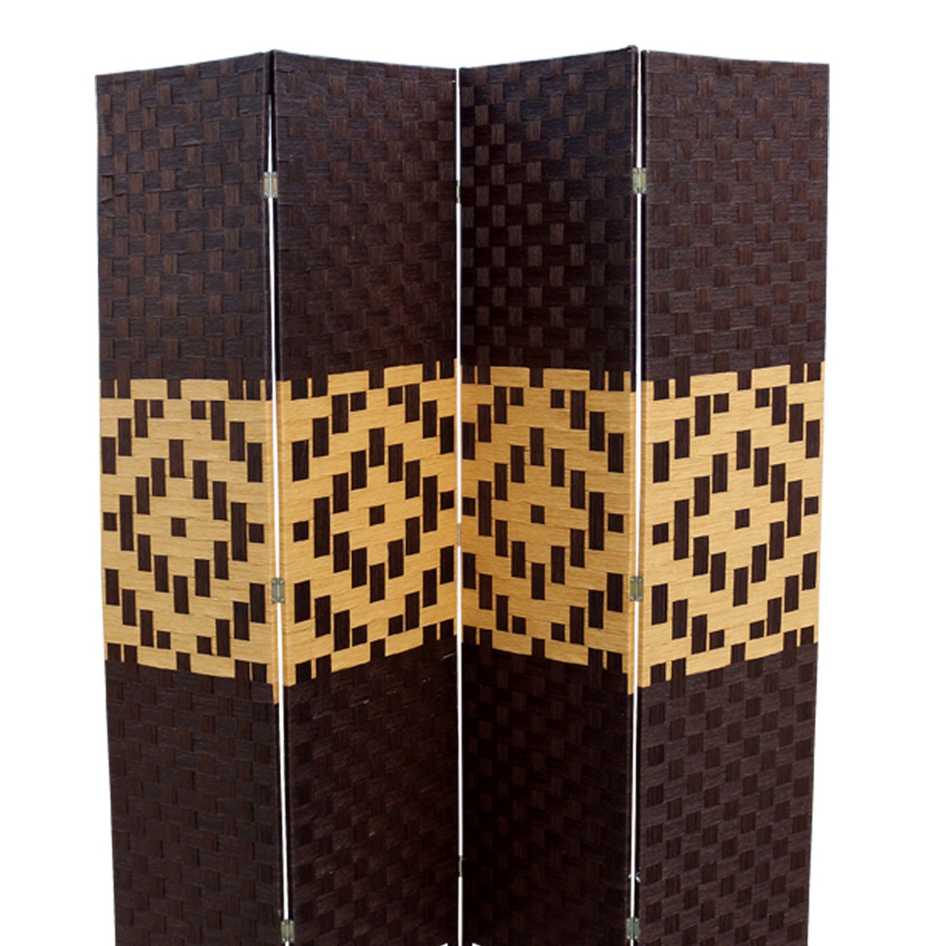 70.75" Tall 4 Panel Screen Room Divider W Weave Design, Espresso And Brown Multicolor Wood