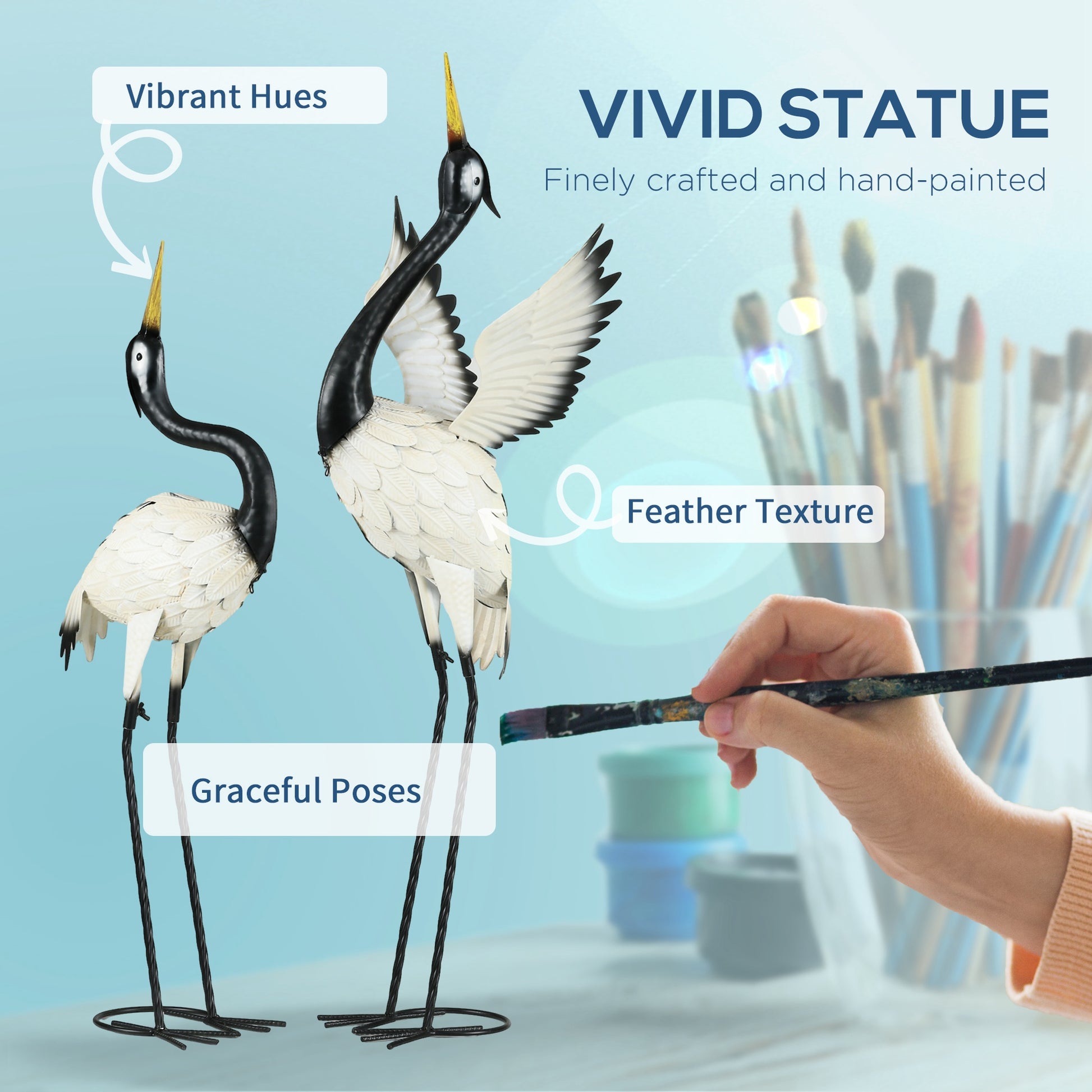 Outsunny Heron Garden Statues, 35.5" & 40.5" Standing Bird Sculptures, Metal Yard Art Decor For Lawn, Patio, Backyard, Landscape Decoration Set Of 2, White & Black Multicolor Steel