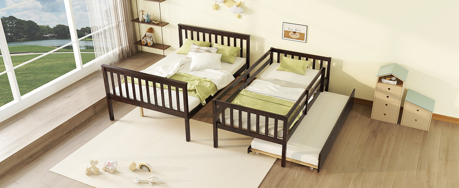 Twin Over Full Rubber Wood Bunk Bed With Trundle, Convertible Ladder And Guardrail, Detachable, Convertible Bed, With Twin Size Trundle ,Espresso Twin Espresso Rubber Wood