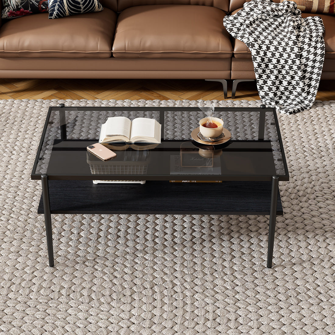 Rectangle Coffee Table With Gray Tempered Glass Top And Black Legs,Modern Table For Living Room Gray Tempered Glass