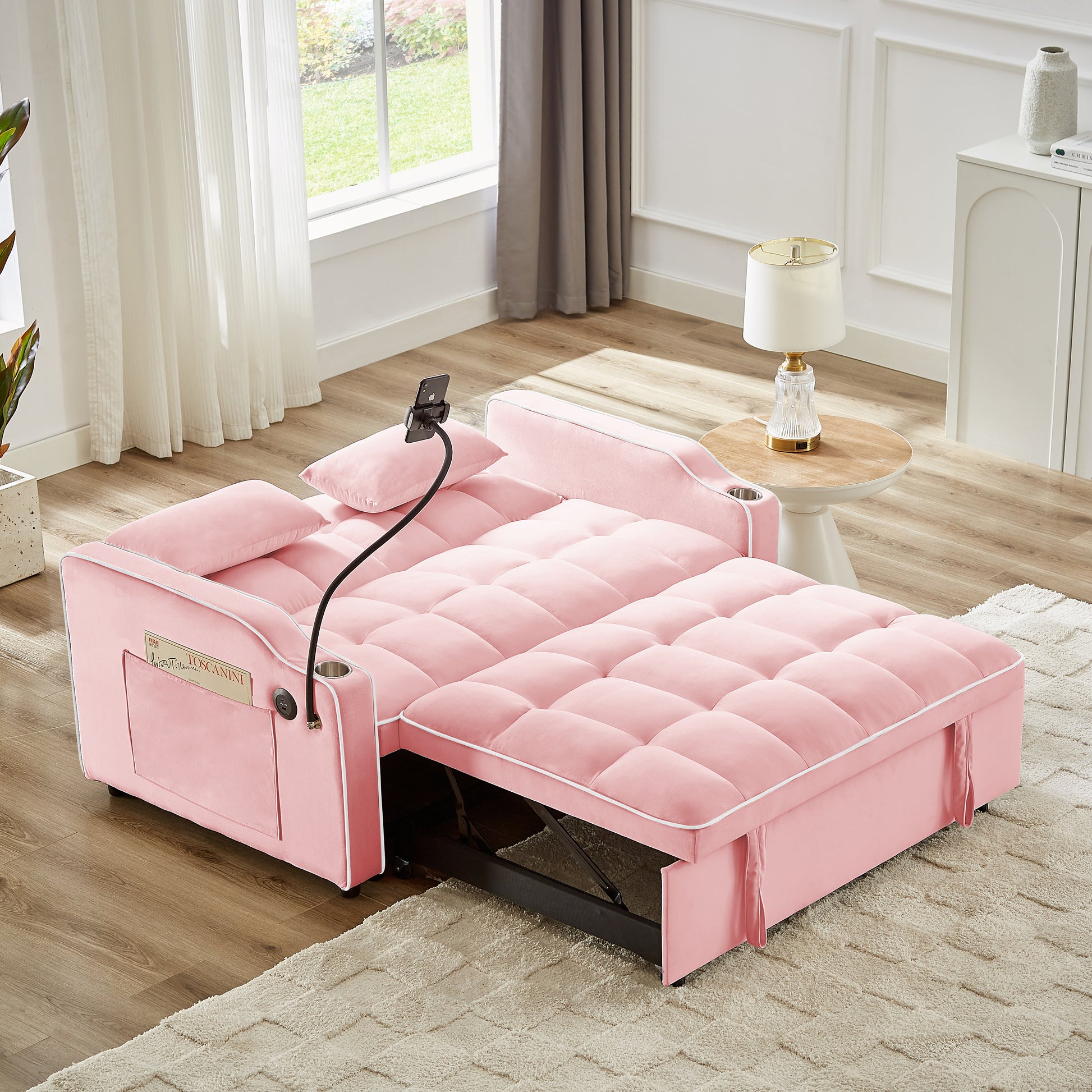 1 Versatile Foldable Sofa Bed In 3 Lengths, Modern Sofa Sofa Sofa Velvet Pull Out Bed, Adjustable Back And With Usb Port And Ashtray And Swivel Phone Stand Pink Pink Solid Wood Mdf Resin 2 Seat