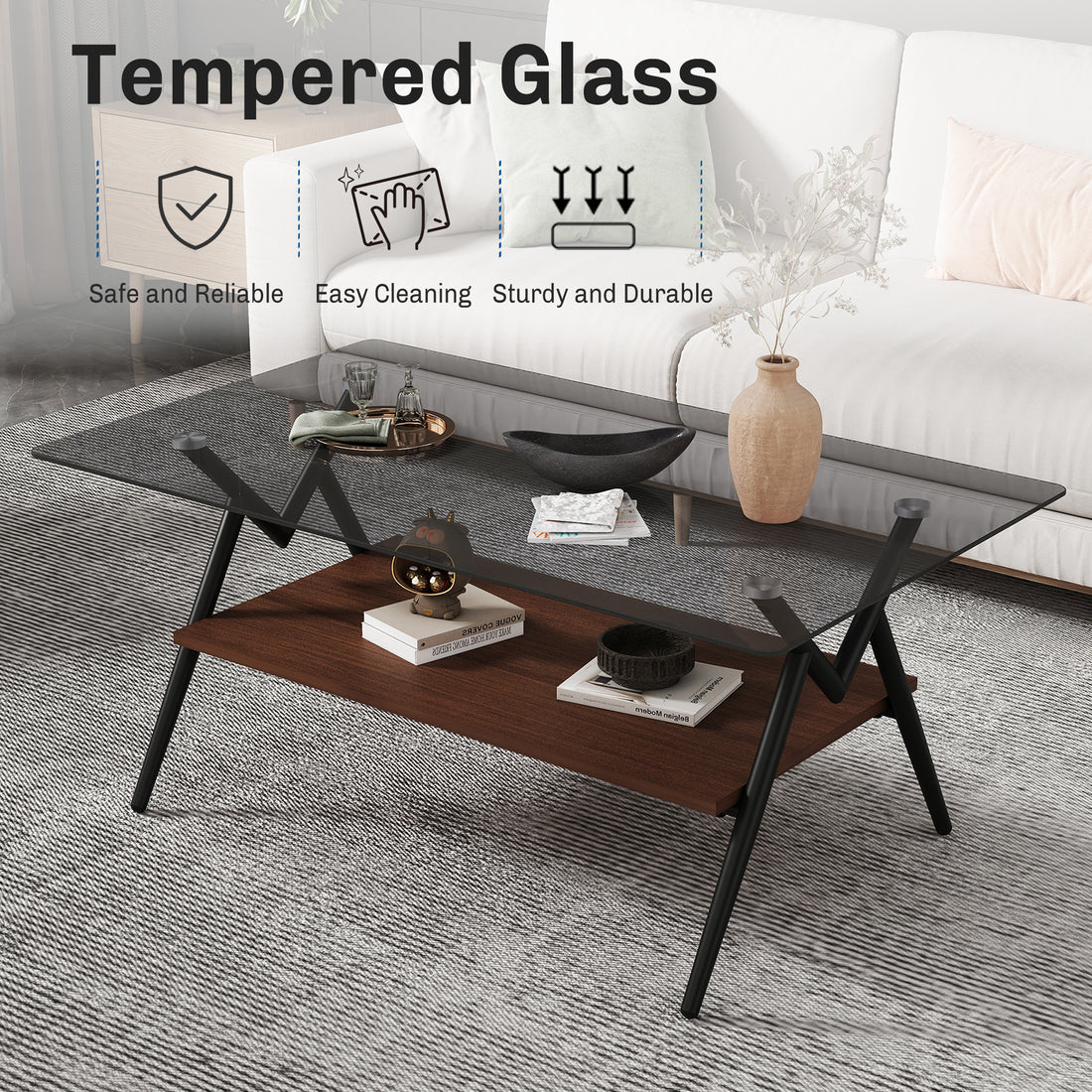 Rectangle Coffee Table With Tempered Glass Top And Brown Mdf Shelf, Modern Table For Living Room, Gray Glass Gray Tempered Glass