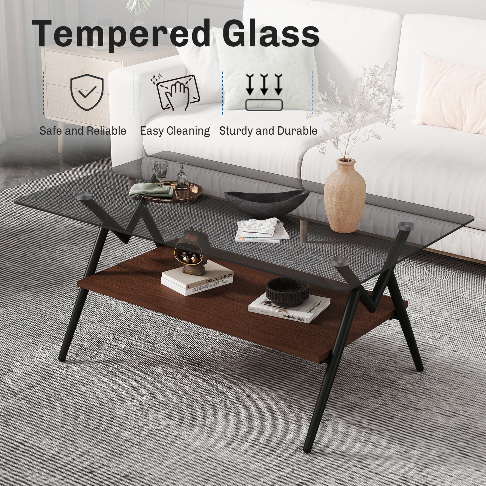 Rectangle Coffee Table With Tempered Glass Top And Brown Mdf Shelf, Modern Table For Living Room, Gray Glass Gray Tempered Glass