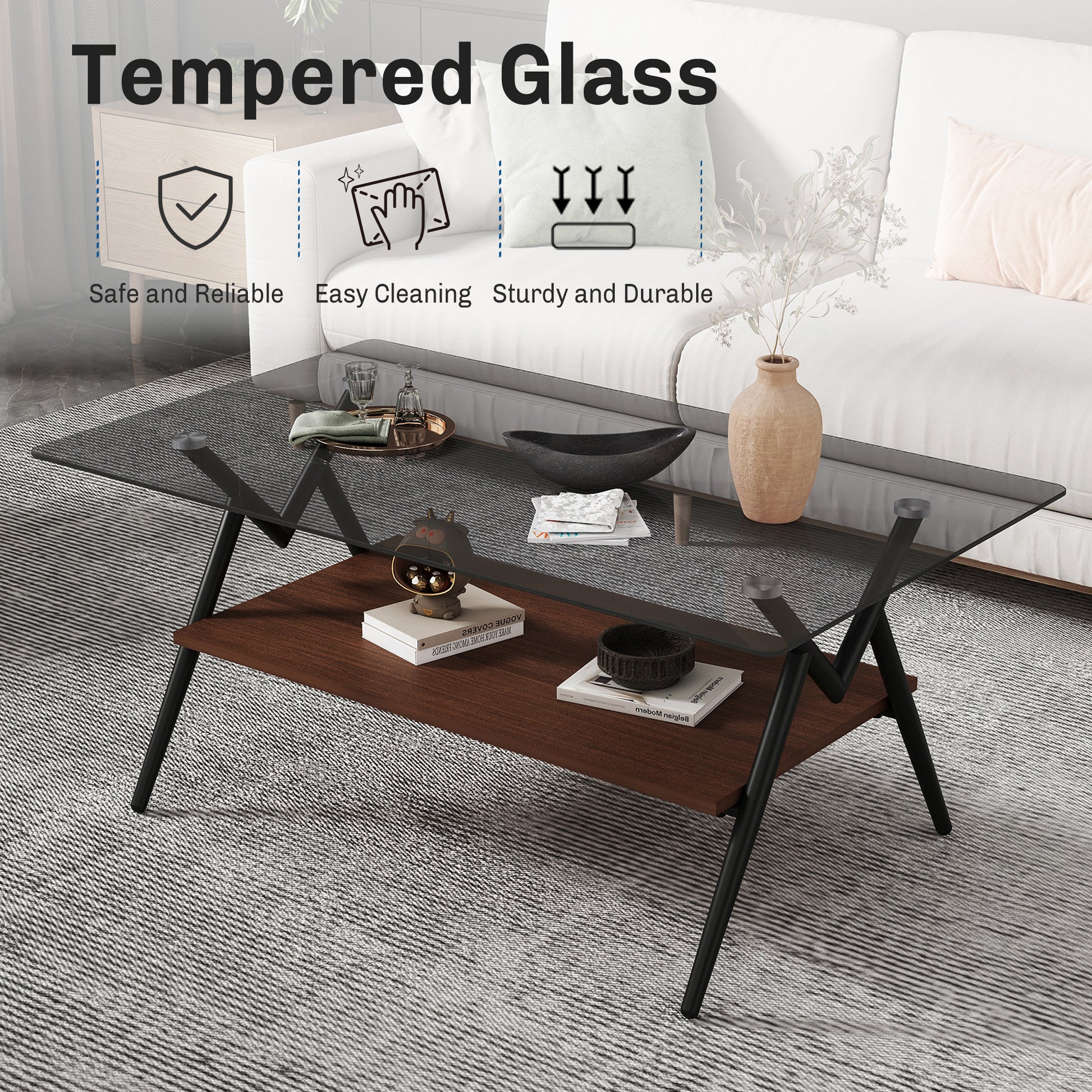 Coffee Table And End Tables Set Of 3, Tempered Glass Table With Mdf Layer, Modern Tables For Living Roomgray Glass Gray Tempered Glass