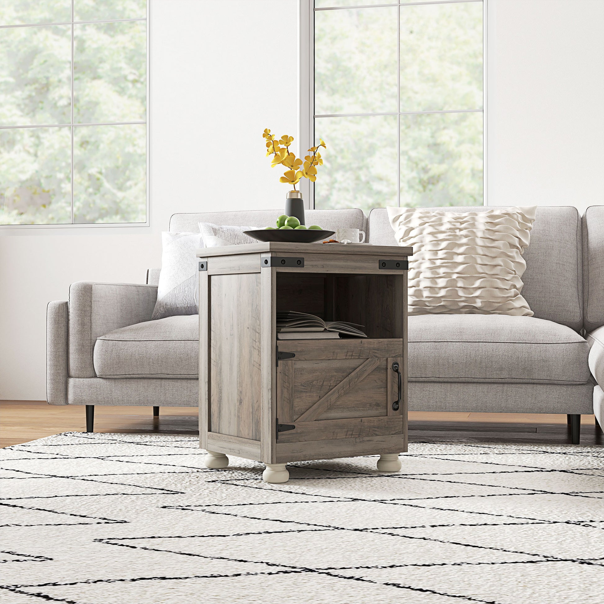 Homcom Small Side Table With Storage, Farmhouse End Table With Open Shelf And Cupboard, Modern Sofa Table With Wood Legs For Living Room, Gray Gray Particle Board