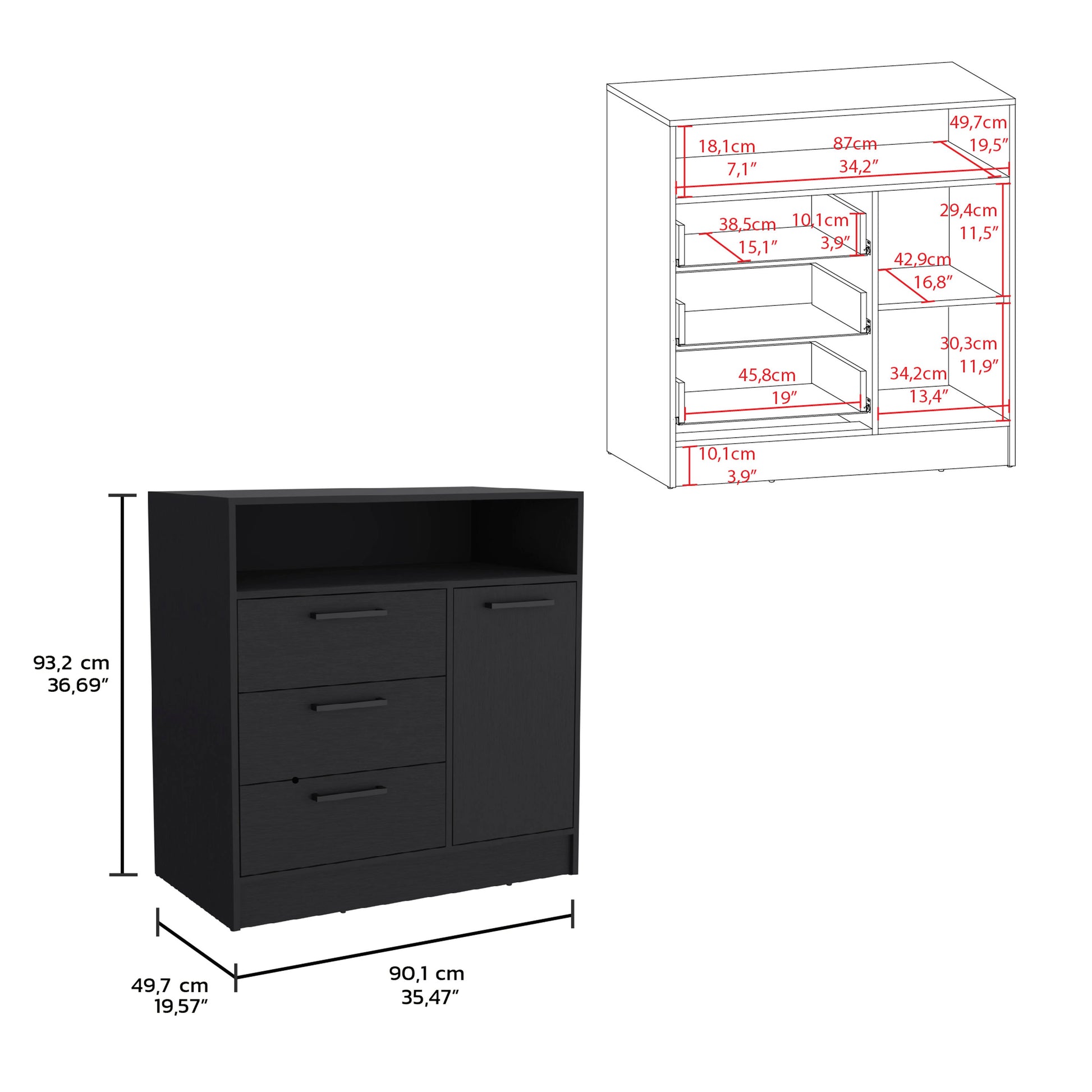 Omaha Dresser Multi Storage Compact Unit With Spacious 3 Drawers And Cabinet Black Black Particle Board