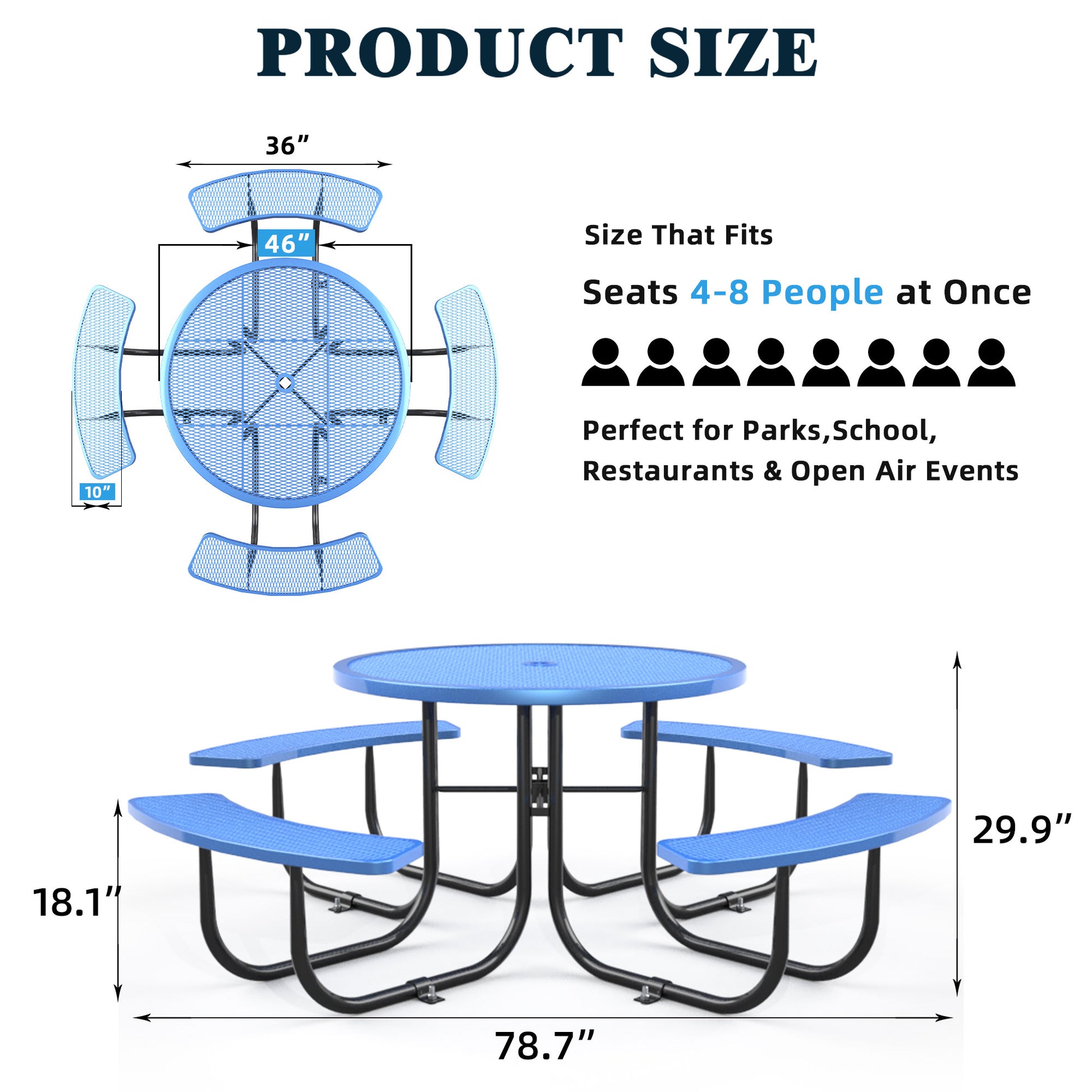 Round Outdoor Steel Picnic Table 46" Blue ,With Umbrella Pole,Blue Blue Steel Steel