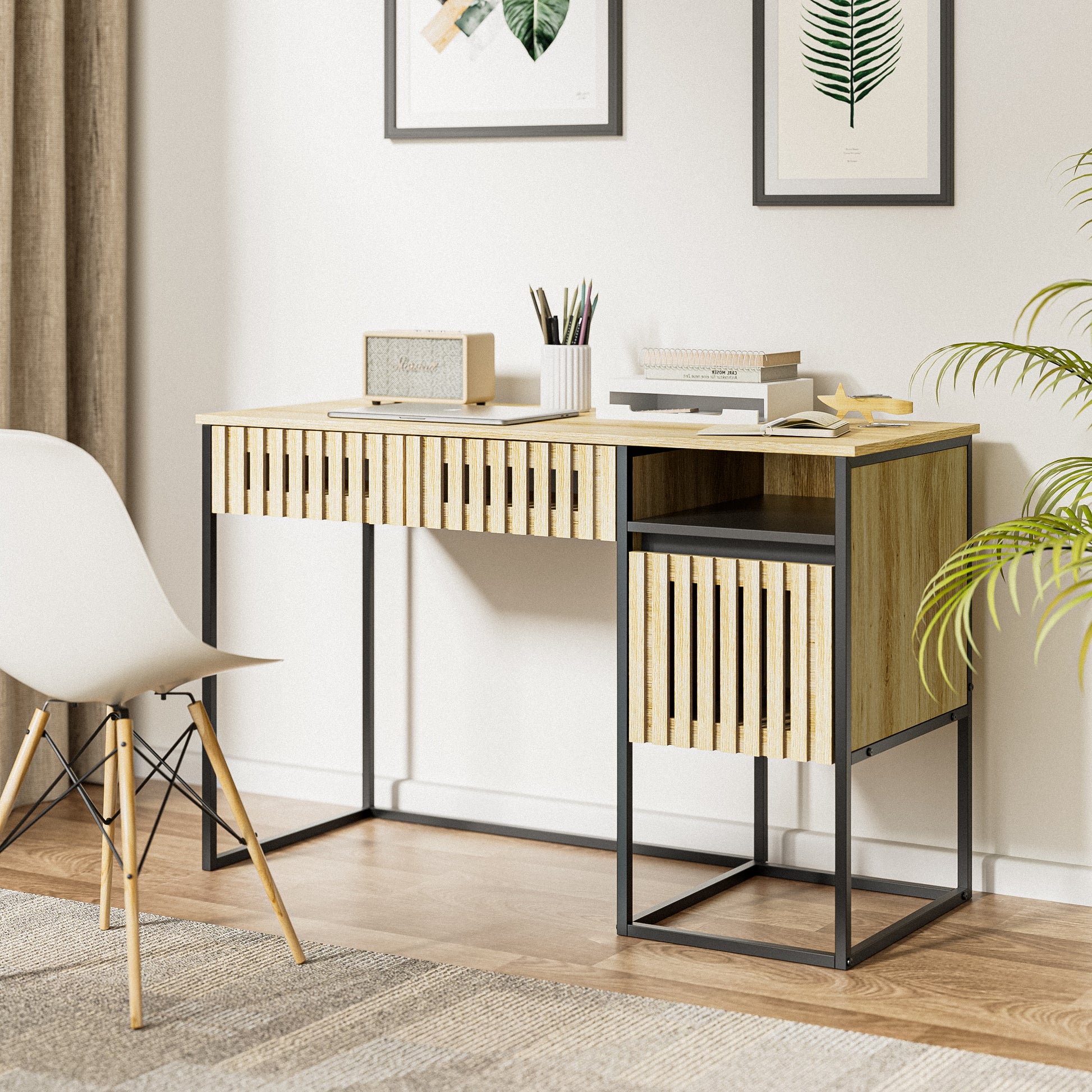 Desk,Computer Desk,Dresser,With Drawers Storage,Easy Assembly,Metal Frame,Modern Minimalist,Vertical Stripe Element Nature Primary Living Space Engineered Hardwood Rectangular Natural Black Computer