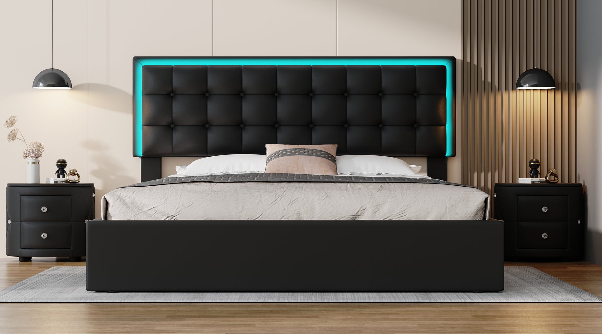 3 Pieces Bedroom Sets,Queen Size Upholstered Bed With Led Lights,Hydraulic Storage System, Two Nightstands With Crystal Decoration,Black Queen Black 3 Piece Set Wood