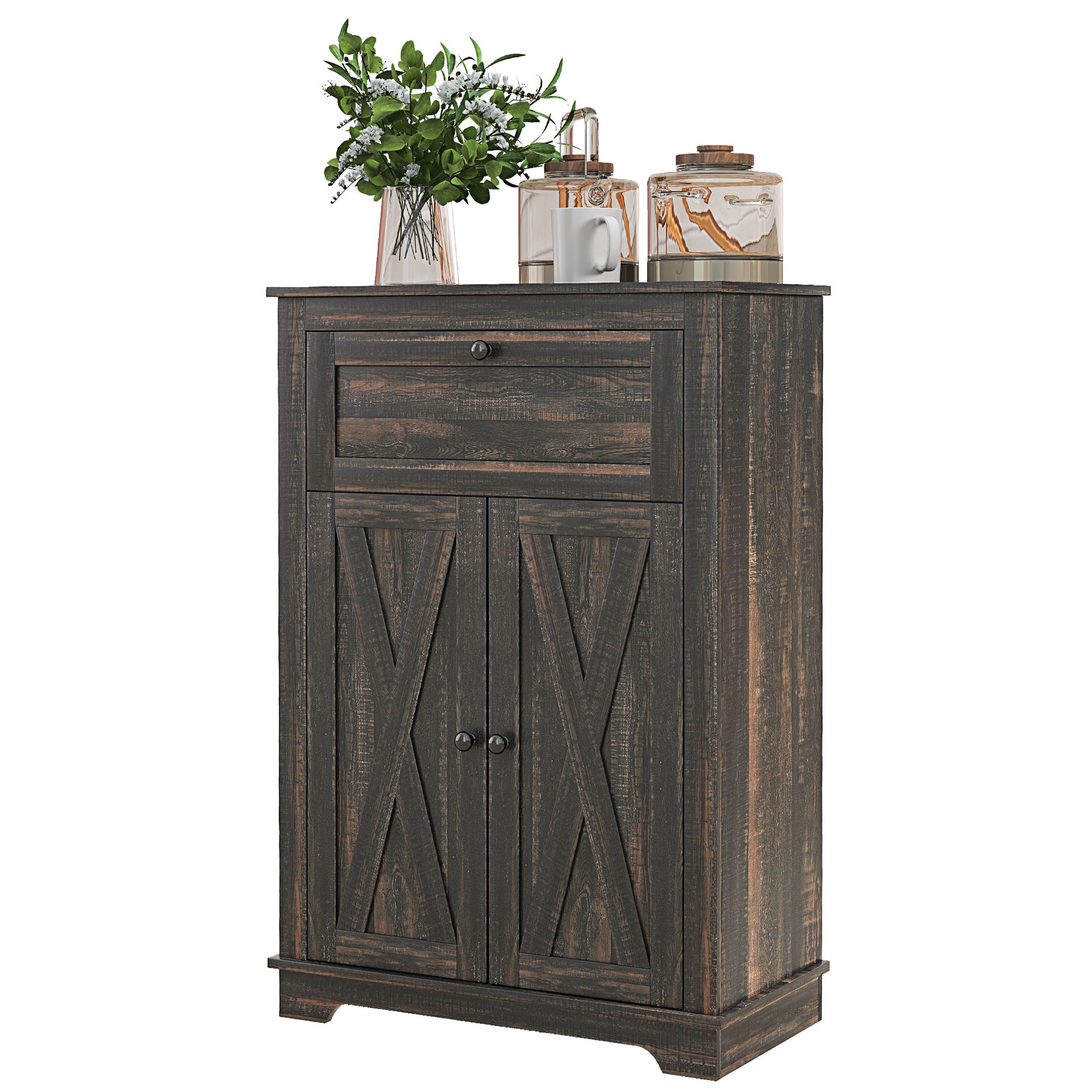Homcom Farmhouse Barn Door Accent Cabinet, Kitchen Sideboard Storage Cabinet With Double Doors, Drawer, And Adjustable Shelf For Bedroom, Living Room, Dark Brown Brown Particle Board