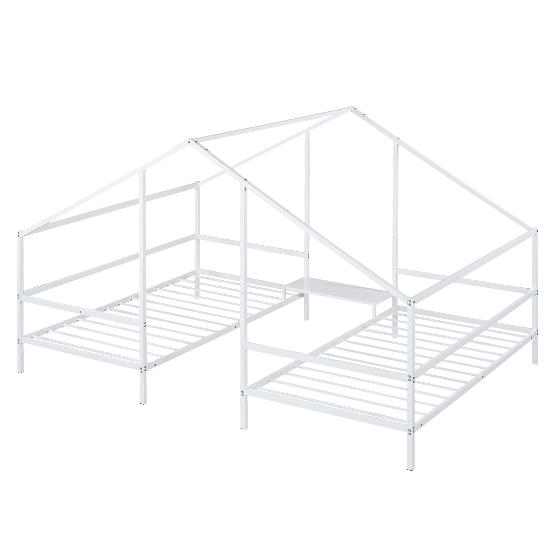 Metal Double Twin Size Triangular House Beds With Built In Table, White Box Spring Not Required Twin White Metal Metal