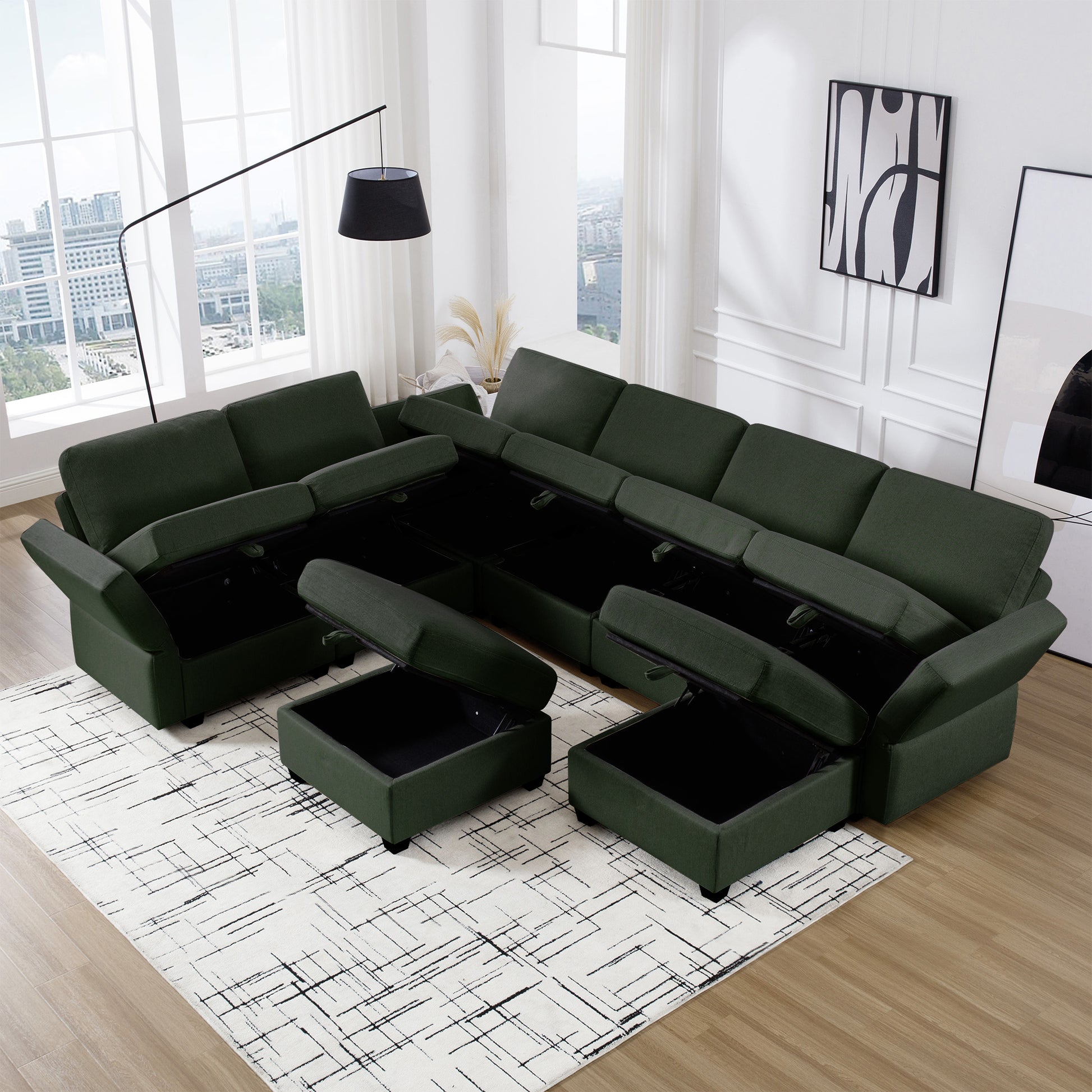 Modular Sectional Sofa With Storage Seat Oversized U Shaped Couch With Reversible Chaise Sofa Set With Ottoman,Ultimate Comfort 6 8 Seater Couches With Adjustable Arms And Backs For Living Room Green Green Polyester 6 Seat